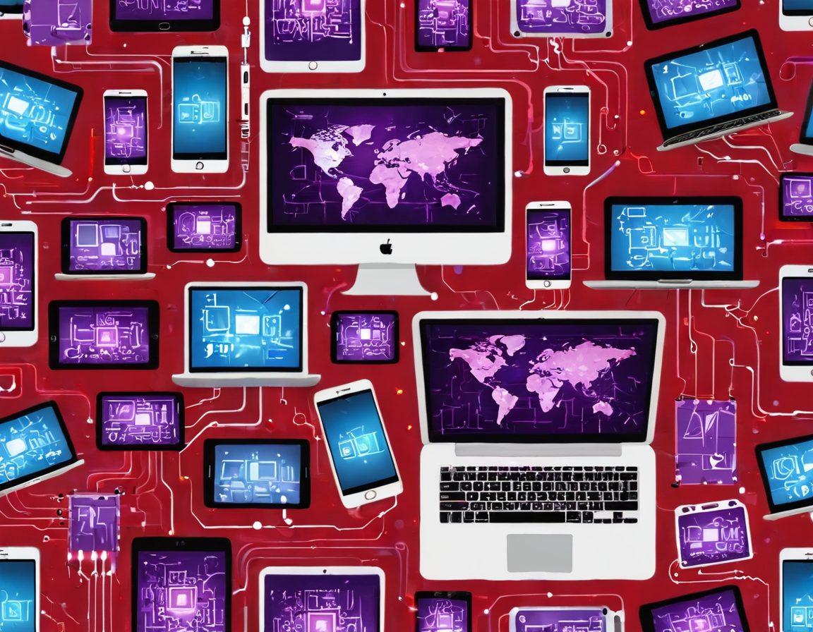 A visually engaging collage depicting various digital devices such as smartphones, tablets, and laptops displaying abstract representations of adult content. Incorporate statistics and graphic icons that symbolize rising trends in online viewing, with a vibrant color palette of reds and purples. The background features a circuit board pattern to signify technology and connectivity. stylish infographic layout. ultra-modern. vivid colors. digital art.