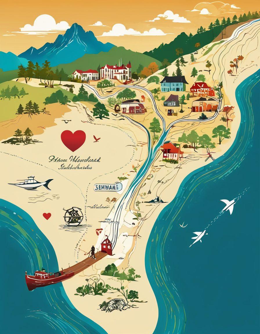 A stylized map that blends elements of sensuality and adult media, featuring iconic symbols like film reels, hearts, and seductive silhouettes, intertwined with lush landscapes like rolling hills and tranquil beaches. Incorporate warm colors and inviting textures, balancing allure with sophistication. The title 'Navigating the Landscape of Sensual Content' artistically integrated into the map. vector art. vibrant colors. elegant design.